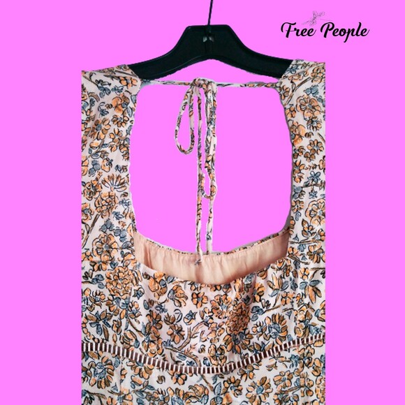 Free People NEW BOHEME Floral Lattice Trim Back Tie Dress 6 - Picture 9 of 12